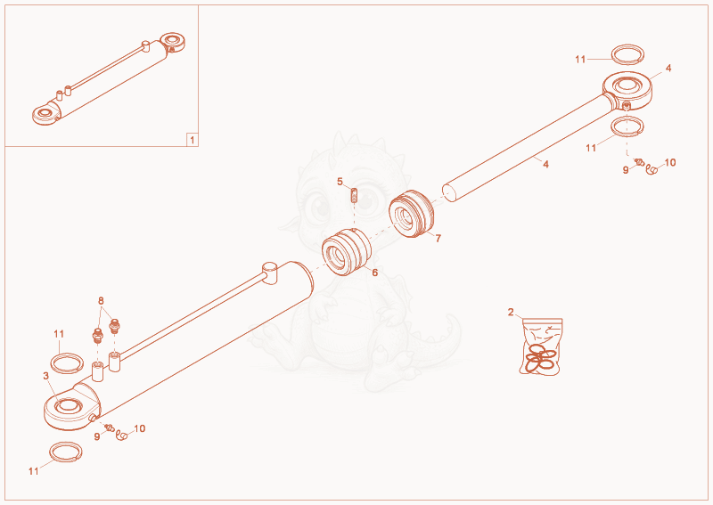 Exploded parts diagram of the steering cylinder of a Wacker Neuson 9001, with numbered balloons