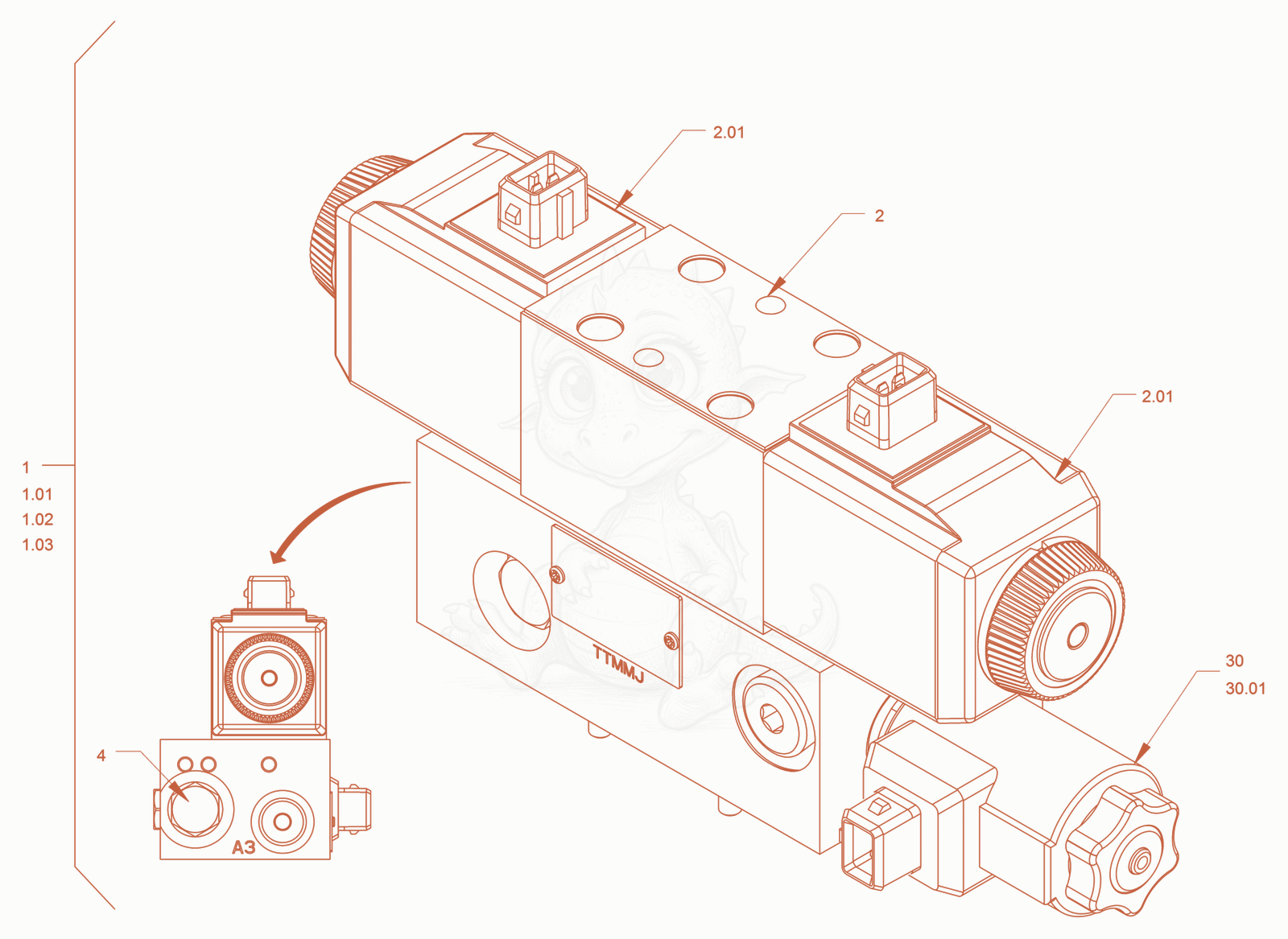 Exploded parts diagram of the valve block (edge pressing and cutting device) of a Wacker Neuson RD45-140, with numbered balloons