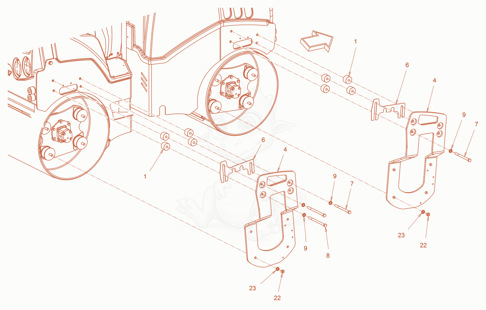 Exploded parts diagram of the suspension (roller drum) of a Wacker Neuson RD24-100O, with numbered balloons