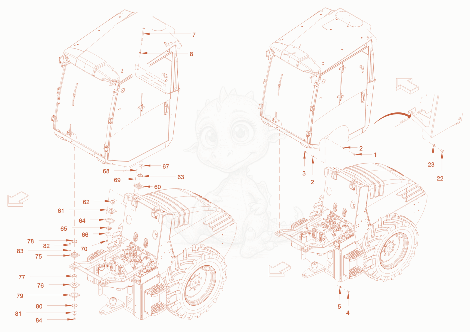 Exploded parts diagram of the operator's platform of a Wacker Neuson RC70PUS, with numbered balloons