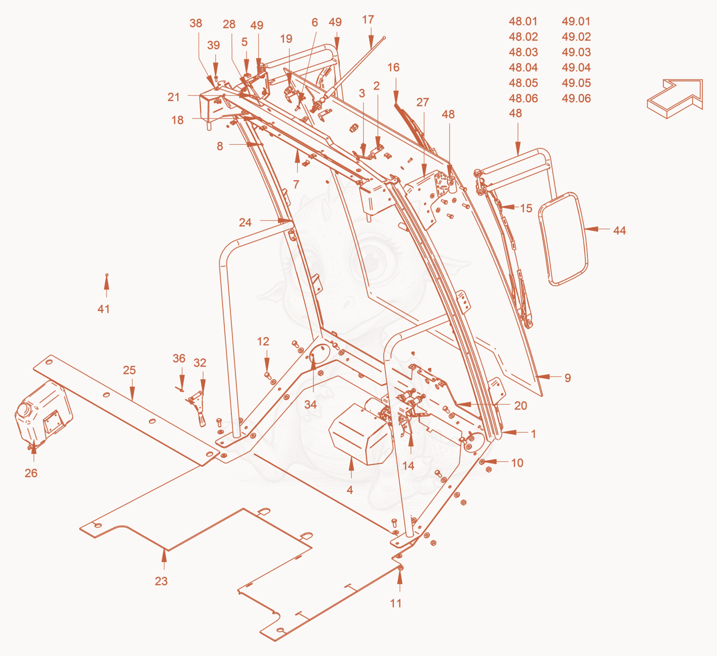 Exploded parts diagram of the driver's cabin of a Wacker Neuson RC70PUS, with numbered balloons