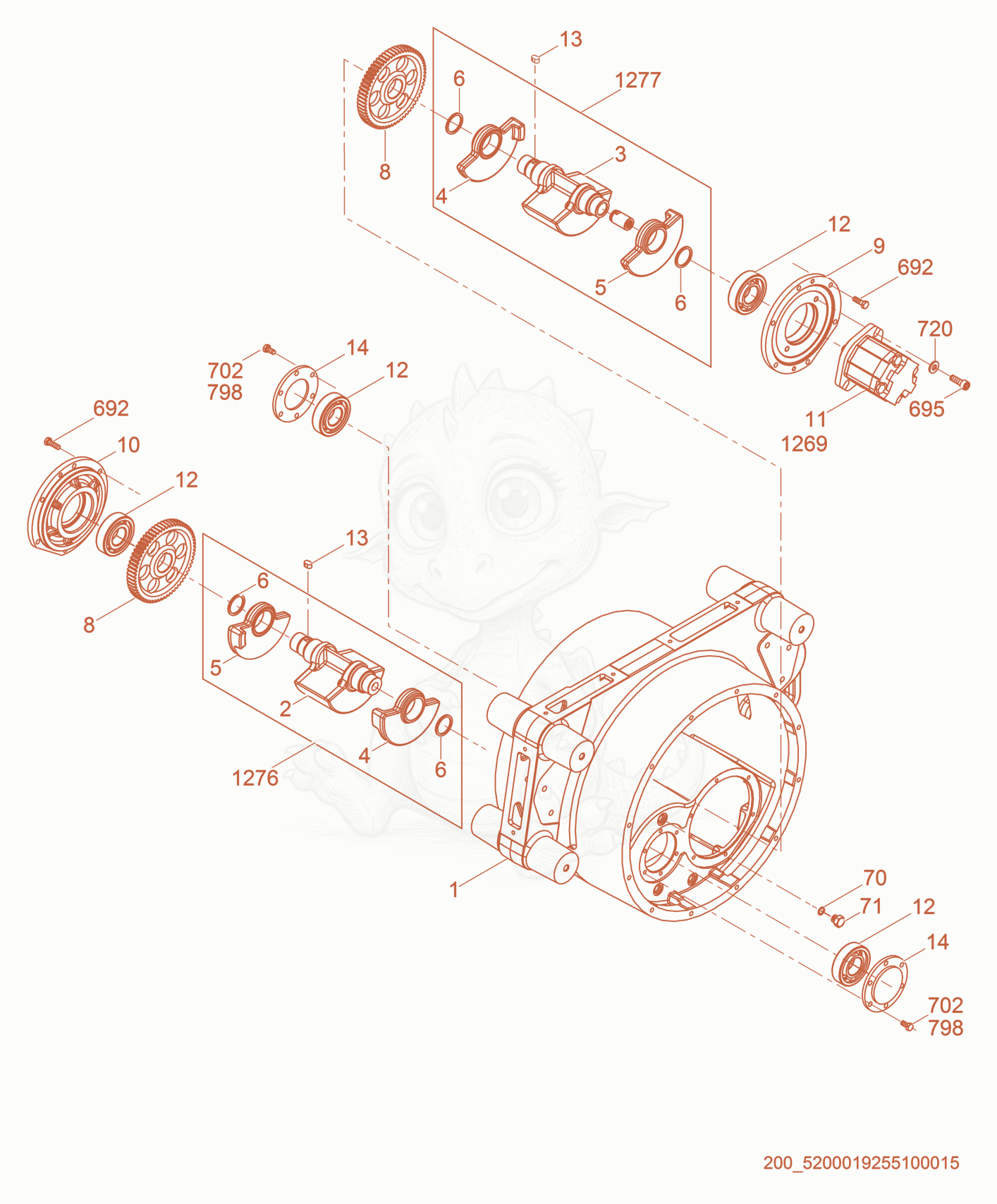 Exploded parts diagram of the Exciter cpl. of a Wacker Neuson RTKX-SC3, with numbered balloons