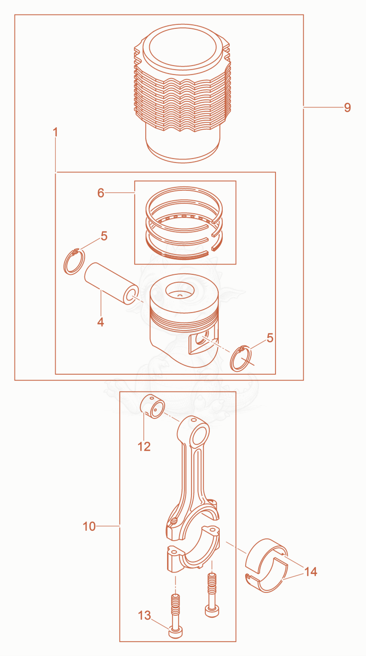 Despiece del Piston-Connecting Rod-Cylinder de una máquina Wacker Neuson DPU6555HECUS, con globos numerados