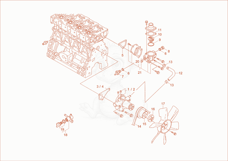 Exploded parts diagram of the cooling system of a Wacker Neuson 3402RDFORCE, with numbered balloons