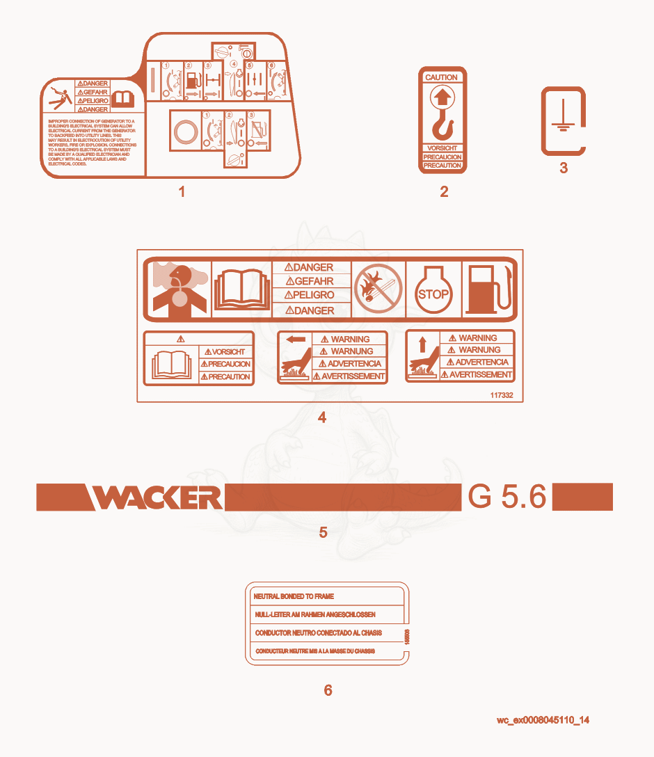 Exploded parts diagram of the Labels of a Wacker Neuson G5.6A, with numbered balloons