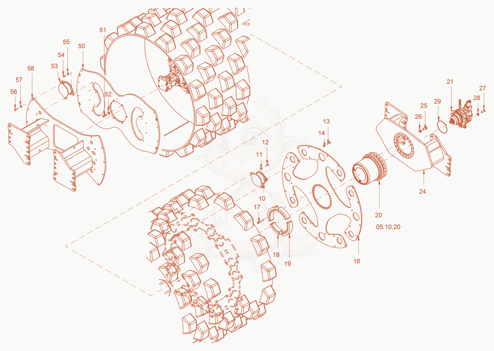 Exploded parts diagram of the mounting of a Wacker Neuson RC110P, with numbered balloons