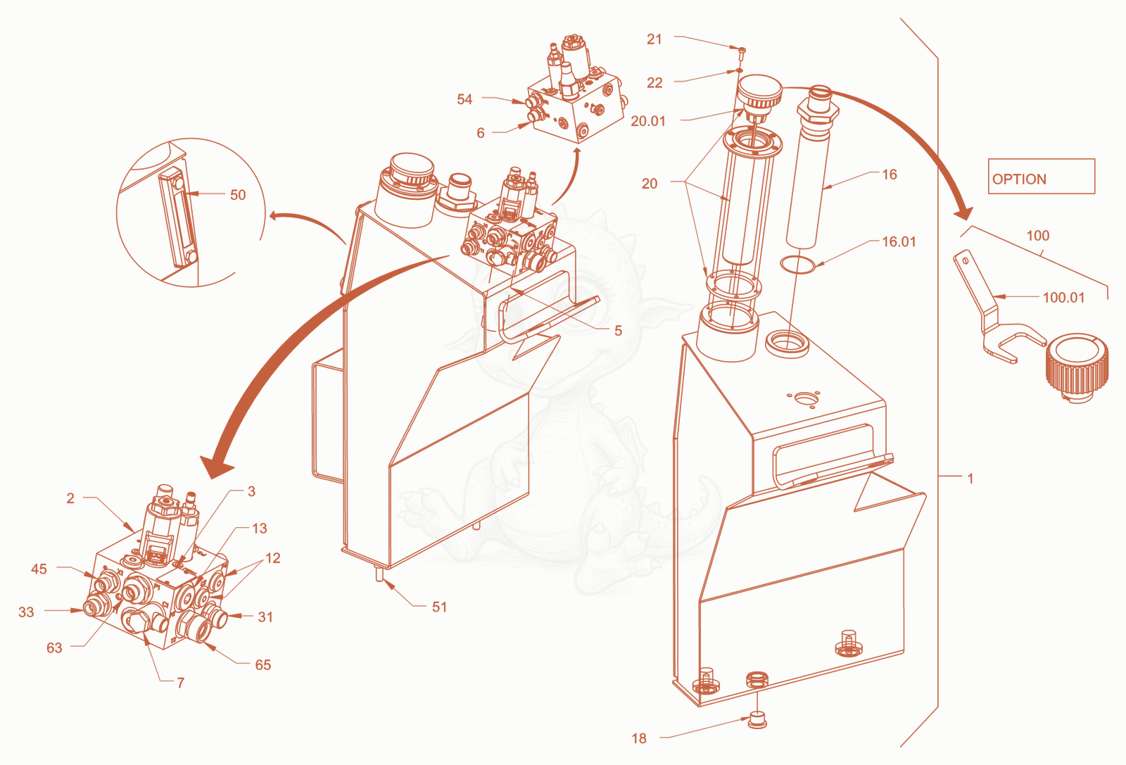 Exploded parts diagram of the hydraulic oil tank of a Wacker Neuson RD28-120DPF, with numbered balloons