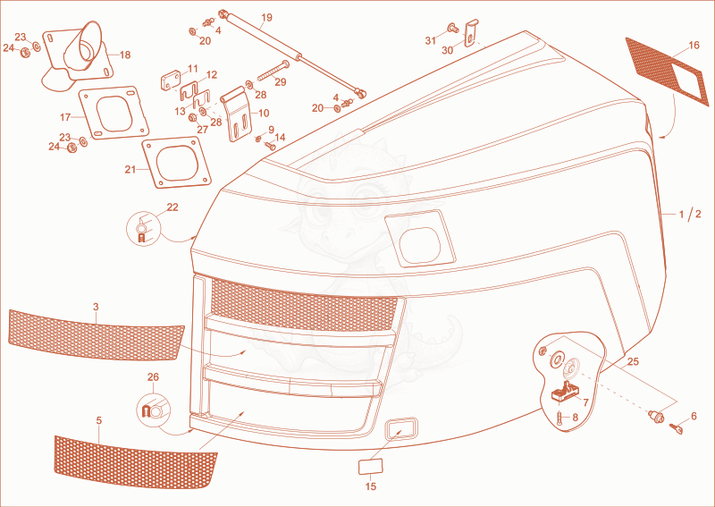 Exploded parts diagram of the engine hood of a Wacker Neuson ET35, with numbered balloons