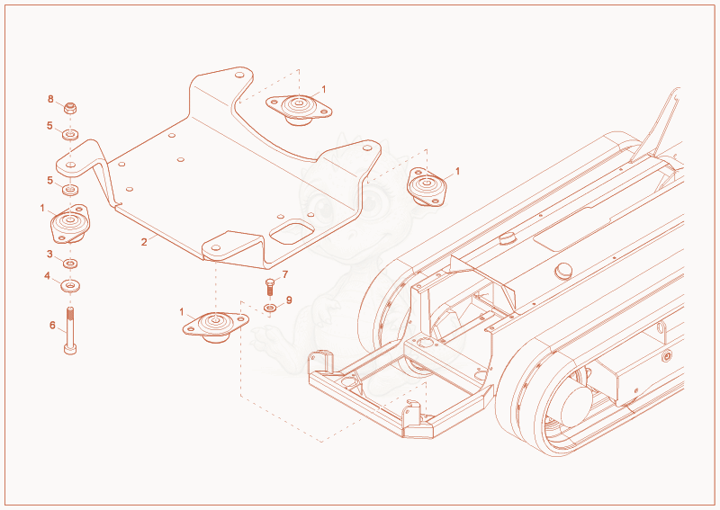 Exploded parts diagram of the Engine bedding of a Wacker Neuson TD09, with numbered balloons