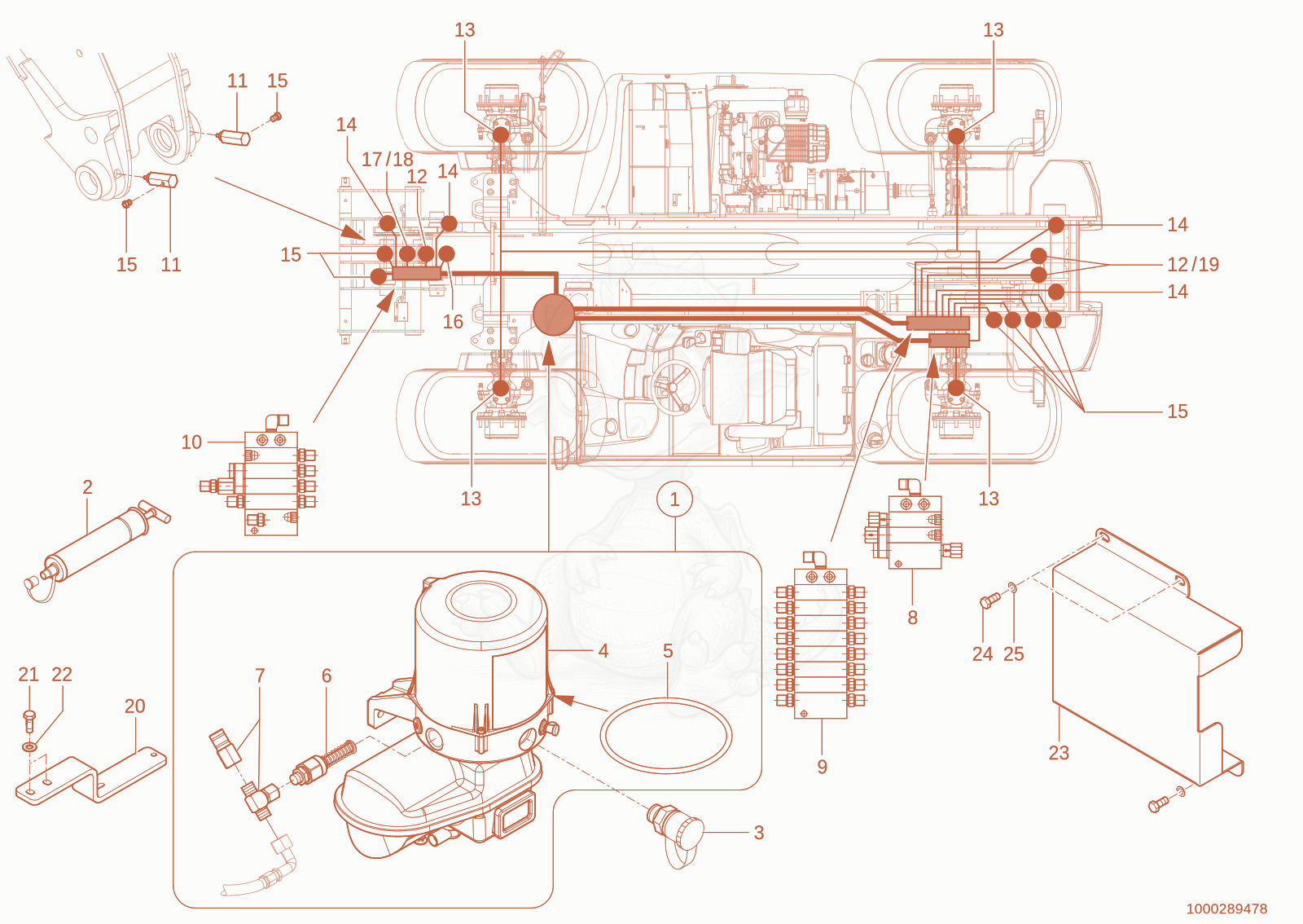 Exploded parts diagram of the central greasing divice of a Wacker Neuson TH750(416-18), with numbered balloons