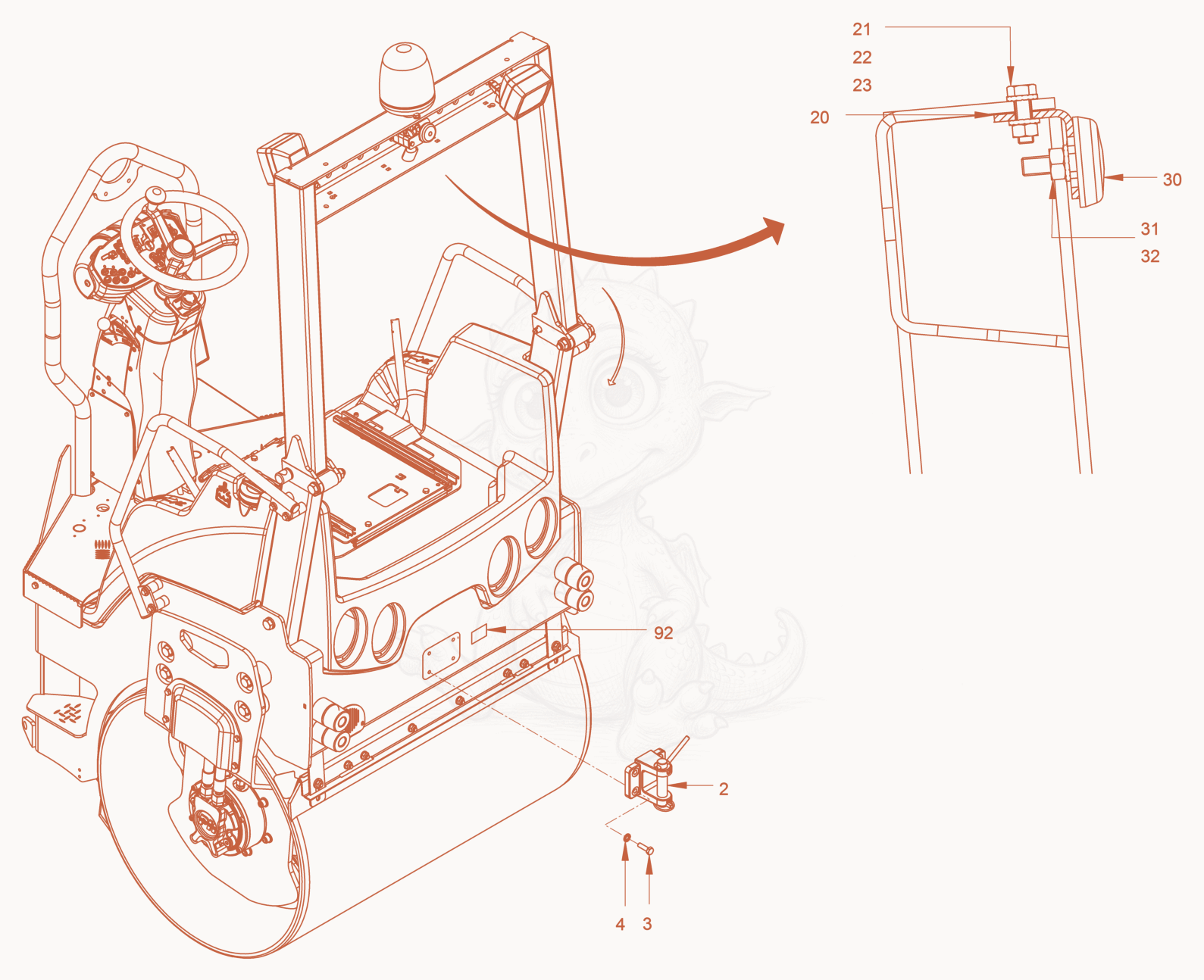 Exploded parts diagram of the Trailer Coupling of a Wacker Neuson RD40-130.3, with numbered balloons
