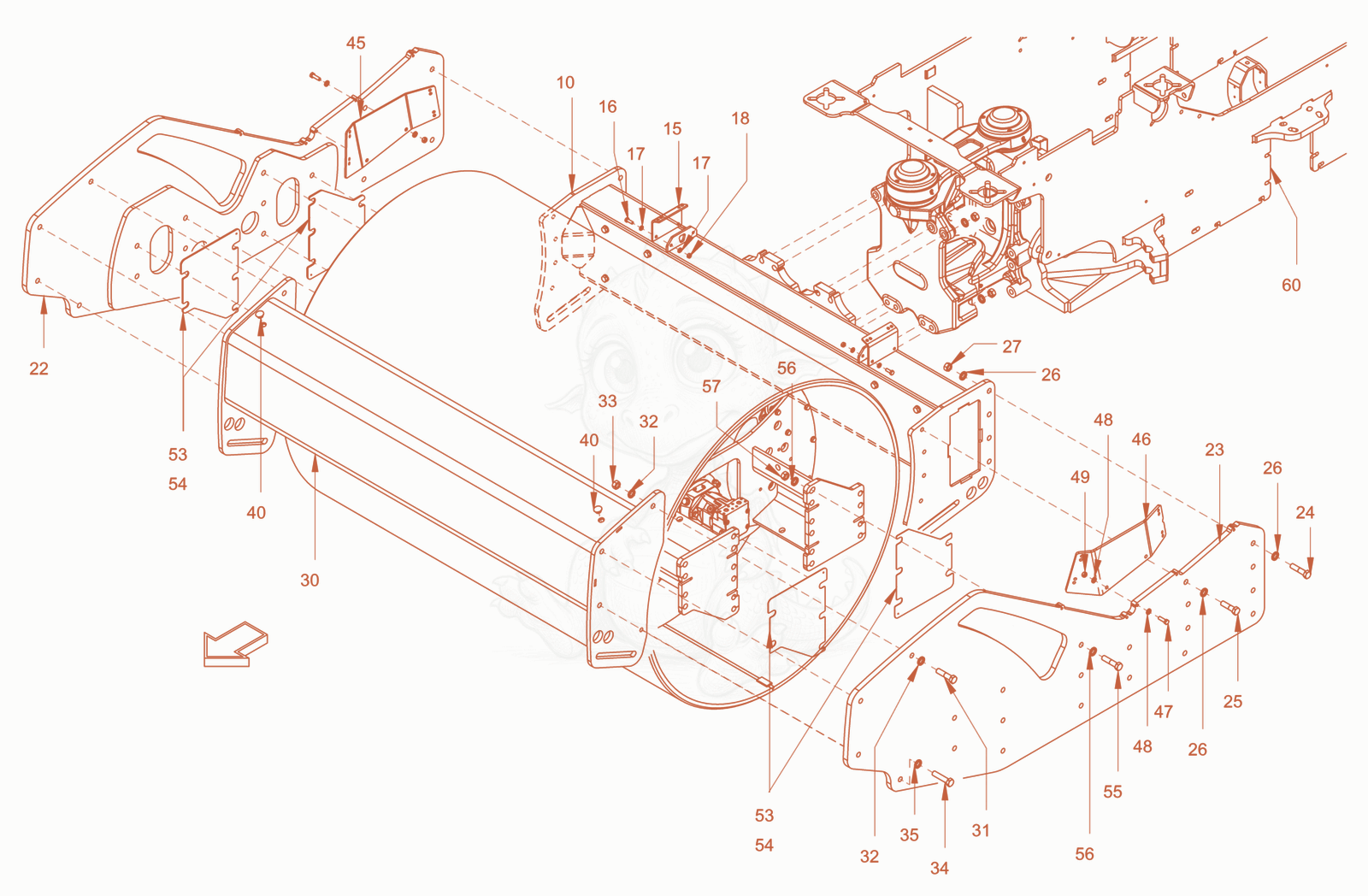 Exploded parts diagram of the main frame and assemblies of a Wacker Neuson RC110USROPS, with numbered balloons