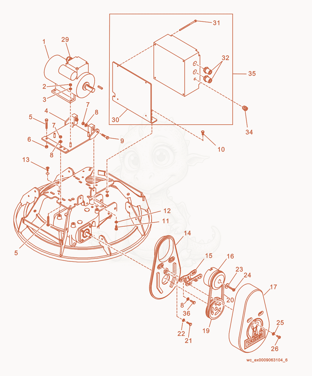 Despiece del Drive System/Engine de una máquina Wacker Neuson CT36EDT, con globos numerados