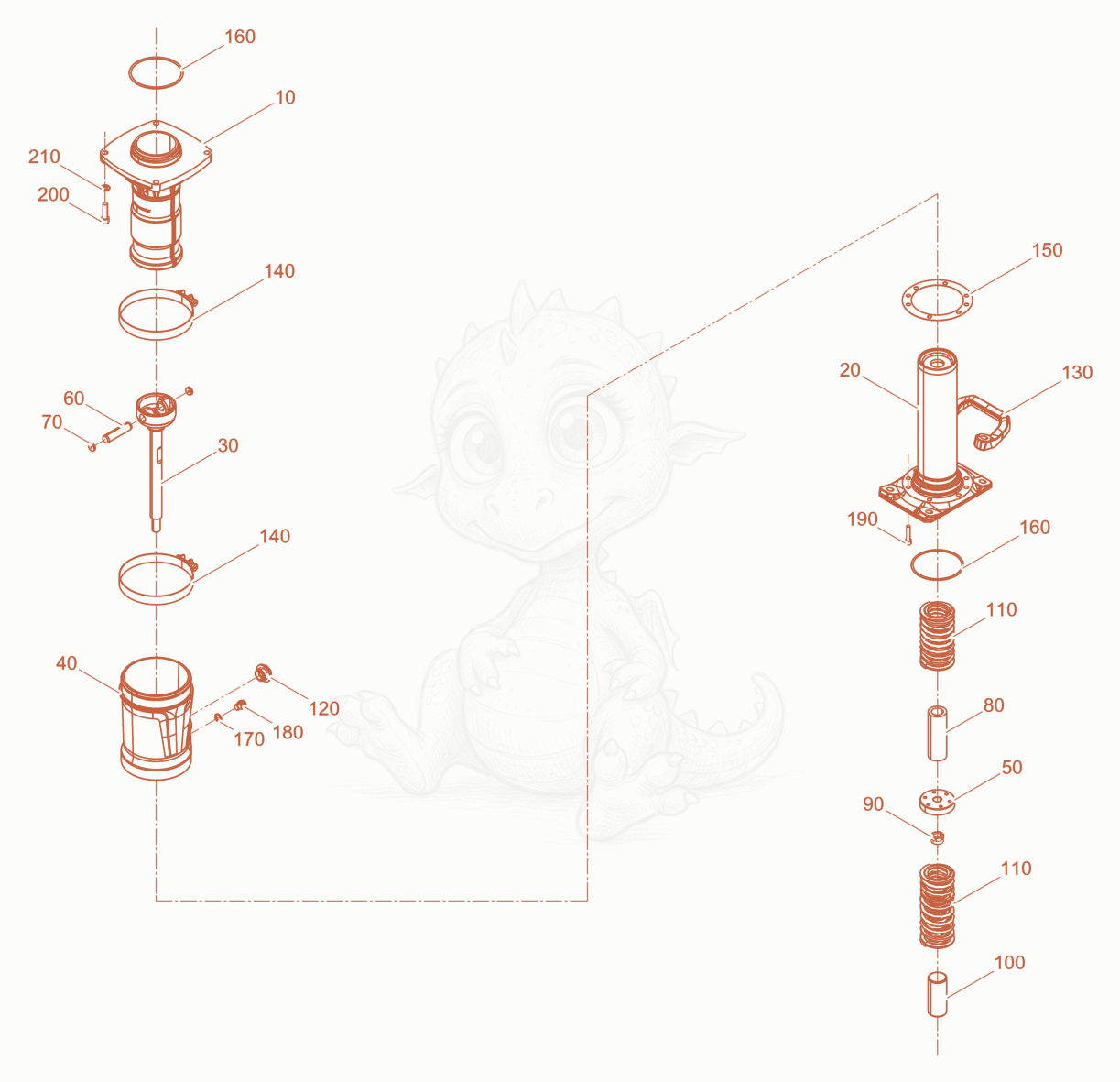 Despiece del Ramming System STW50 de una máquina Wacker Neuson BS62-2/25, con globos numerados
