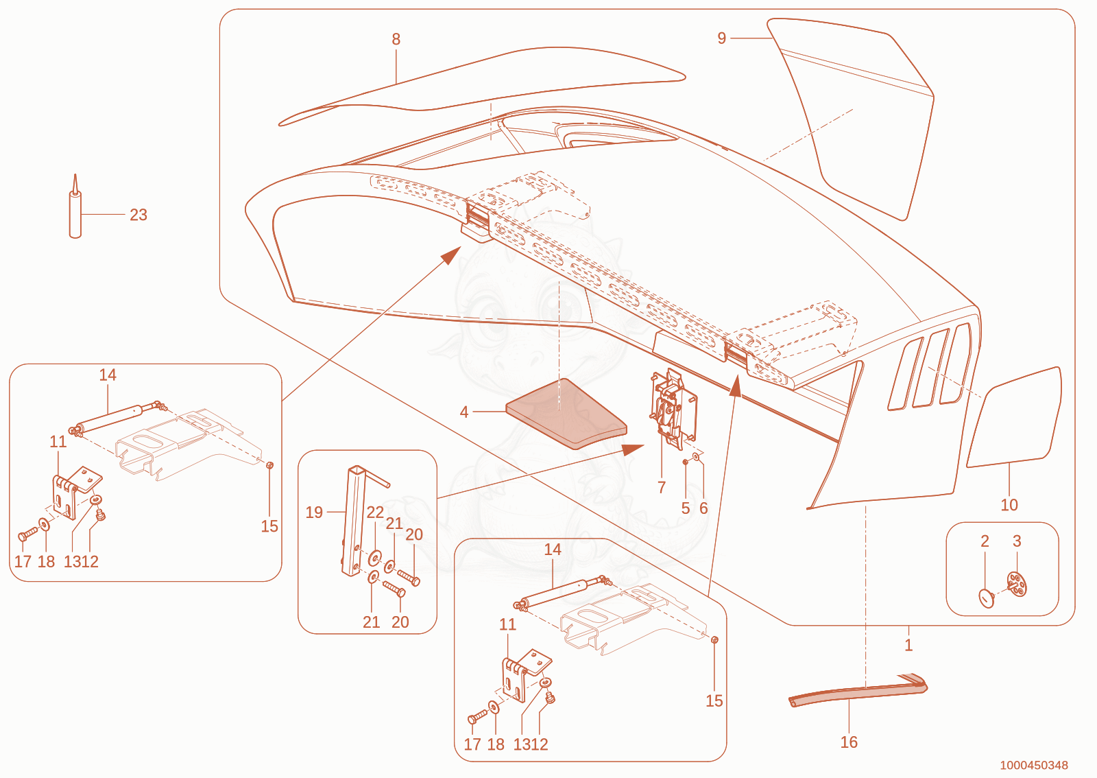 Exploded parts diagram of the engine hood of a Wacker Neuson TH755(416-34), with numbered balloons