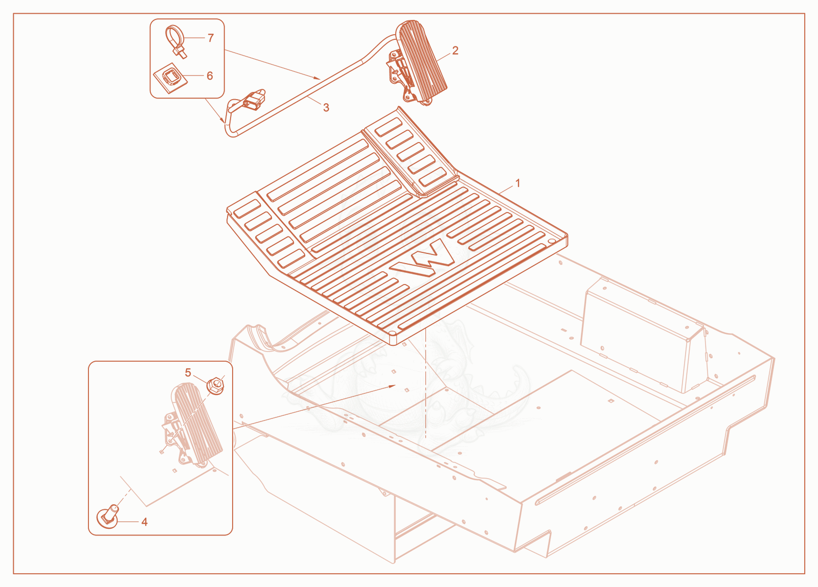 Despiece del Throttle Control Pedal de una máquina Wacker Neuson ST28(S05-5), con globos numerados