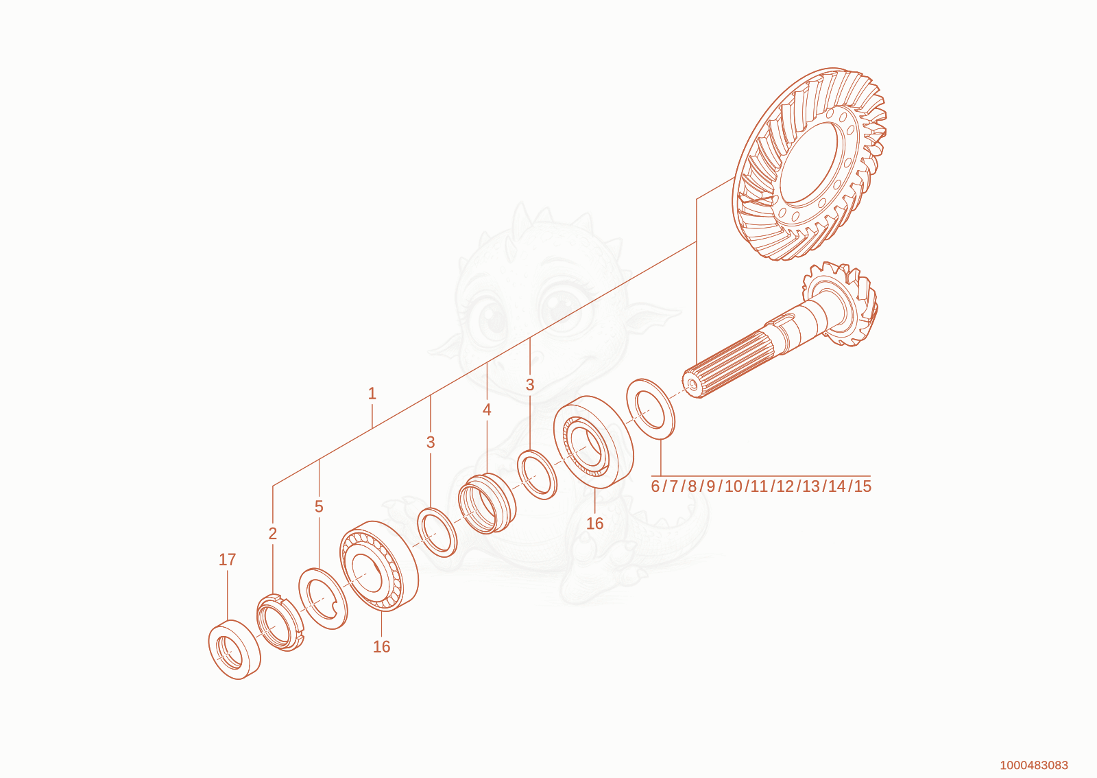 Exploded parts diagram of the angle drive of a Wacker Neuson TH627(418-22), with numbered balloons