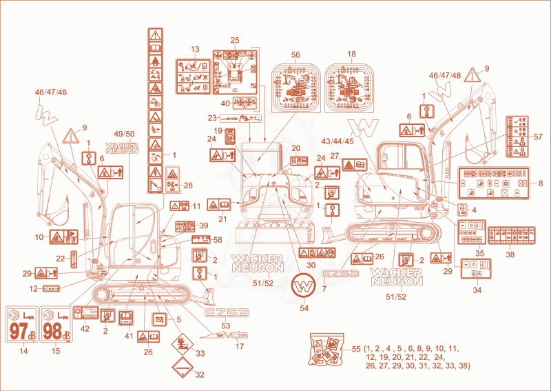 Exploded parts diagram of the sticker of a Wacker Neuson EZ53, with numbered balloons