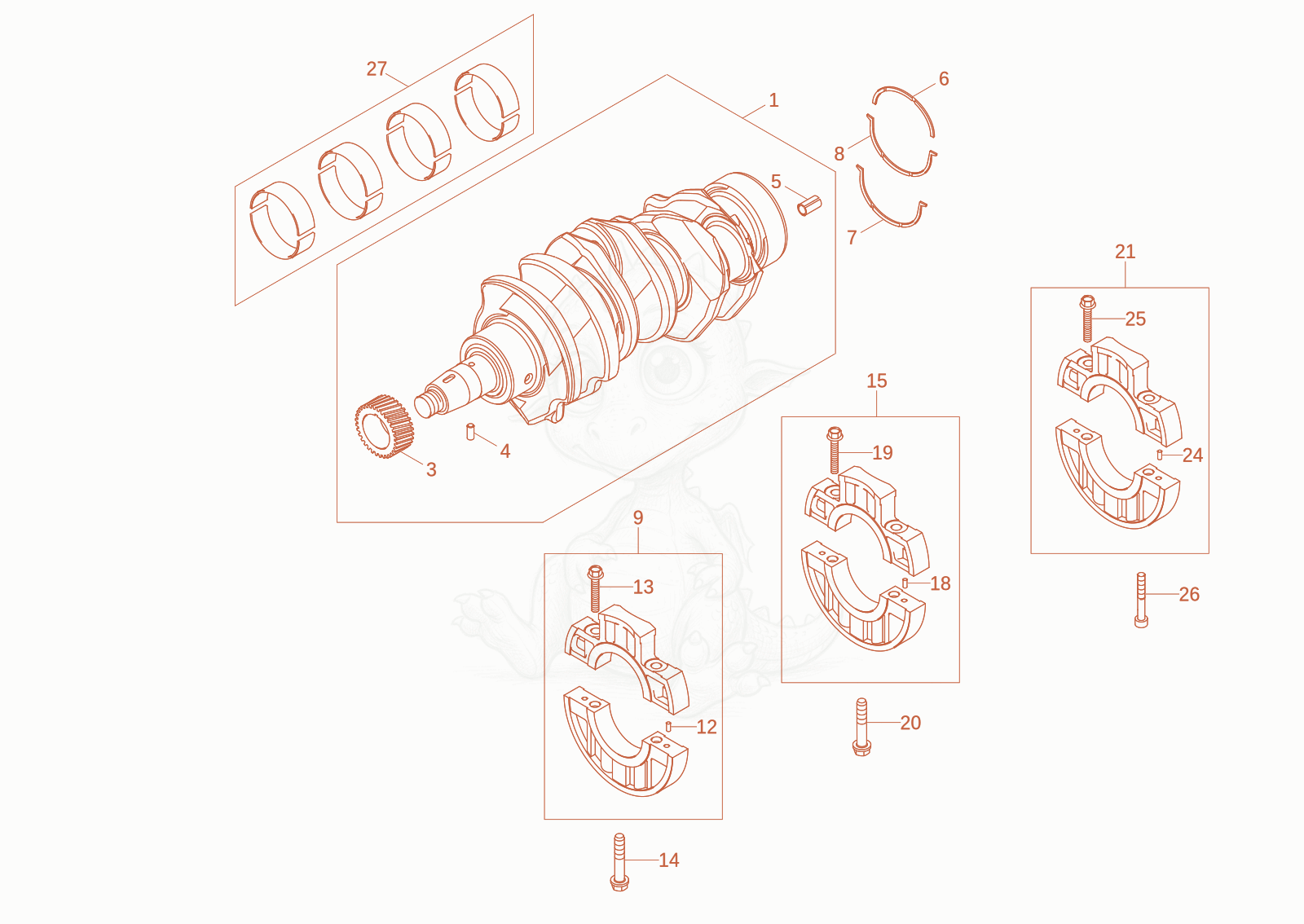 Despiece del crankshaft de una máquina Wacker Neuson DW30-2, con globos numerados