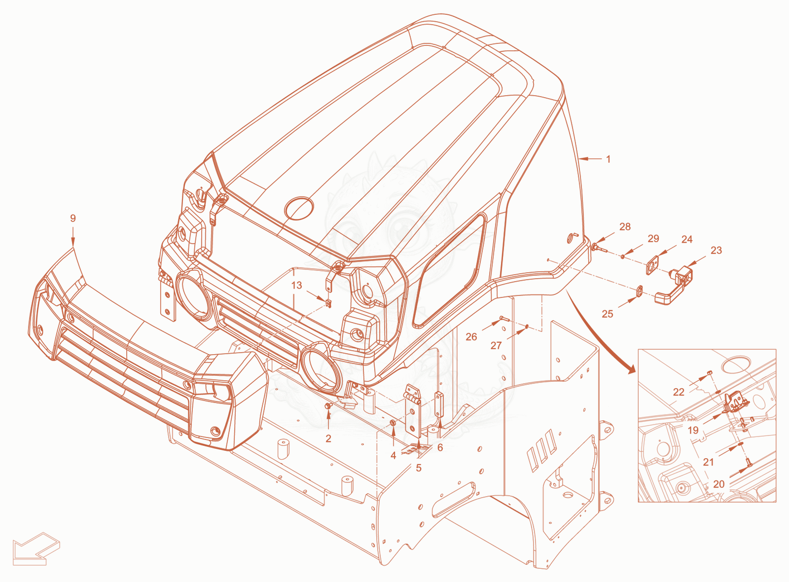 Exploded parts diagram of the canopies and covers of a Wacker Neuson RD28-120OE, with numbered balloons