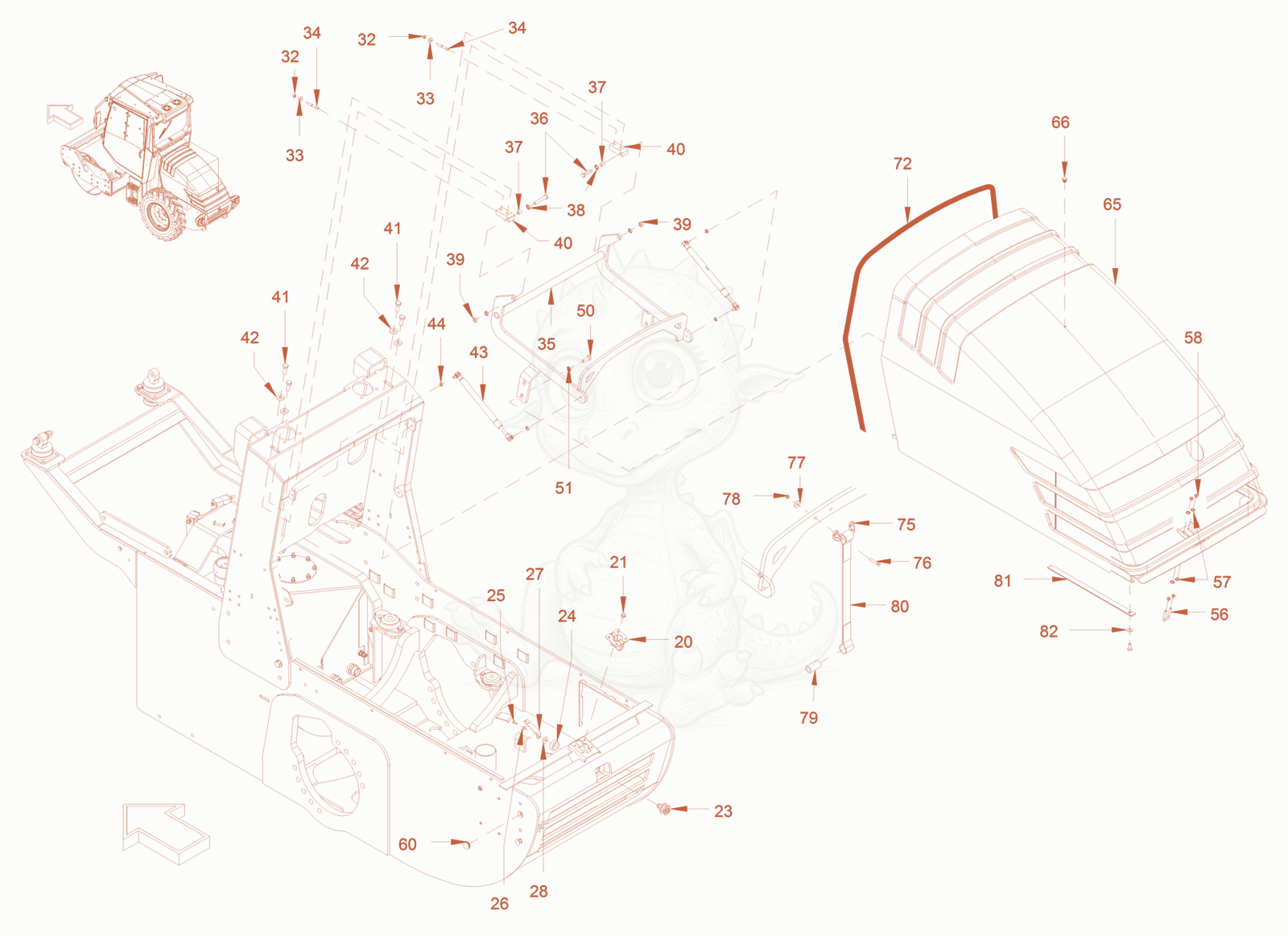 Exploded parts diagram of the canopies and covers of a Wacker Neuson RC70P, with numbered balloons
