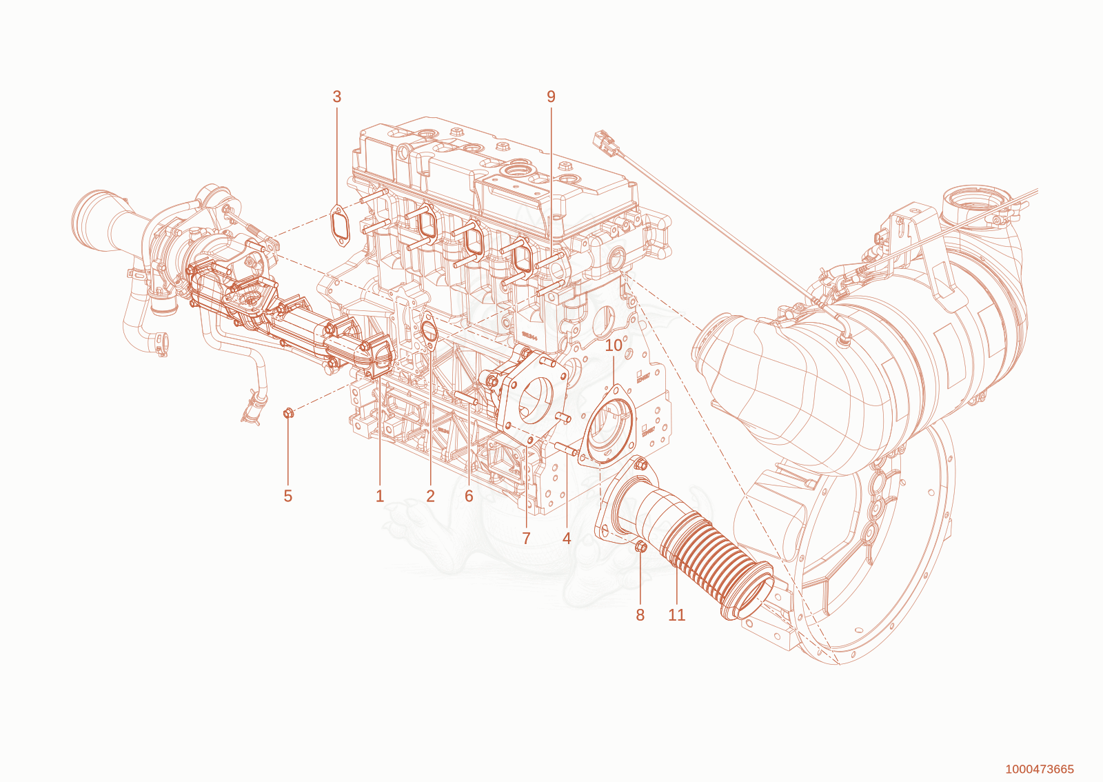 Exploded parts diagram of the exhaust manifold of a Wacker Neuson WL950P(A05-05), with numbered balloons