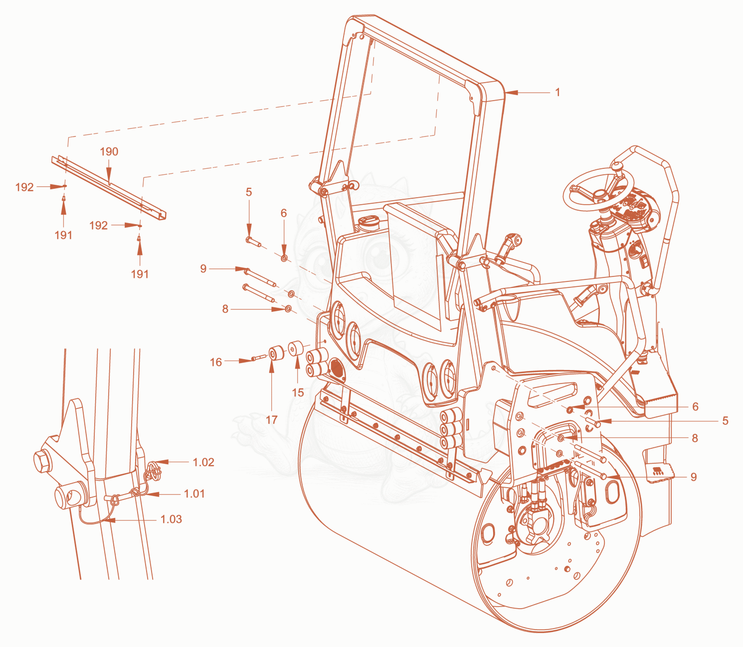 Exploded parts diagram of the roll over protection of a Wacker Neuson RD40-130CDPF, with numbered balloons