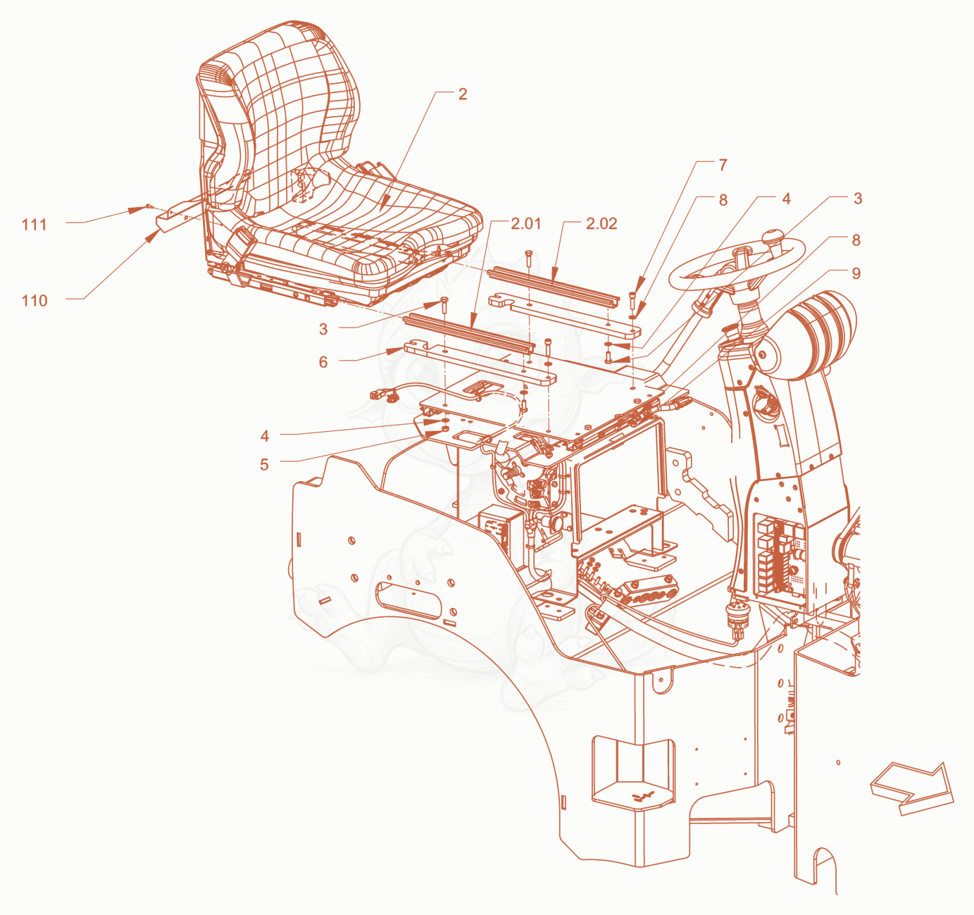 Exploded parts diagram of the operator's seat with adjustment of a Wacker Neuson RD45-140OUS, with numbered balloons