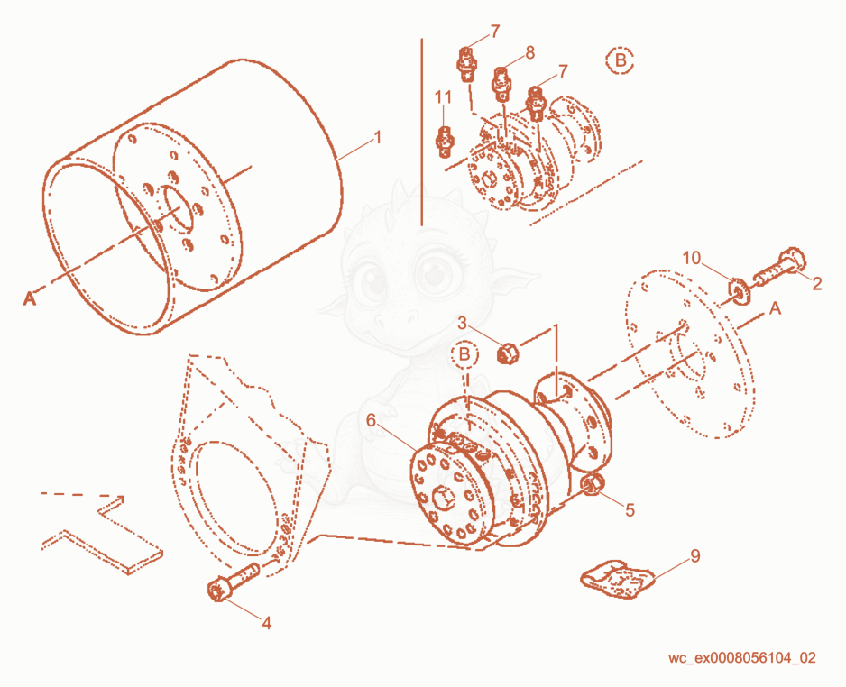 Despiece del Front Drum cpl. de una máquina Wacker Neuson RD10, con globos numerados