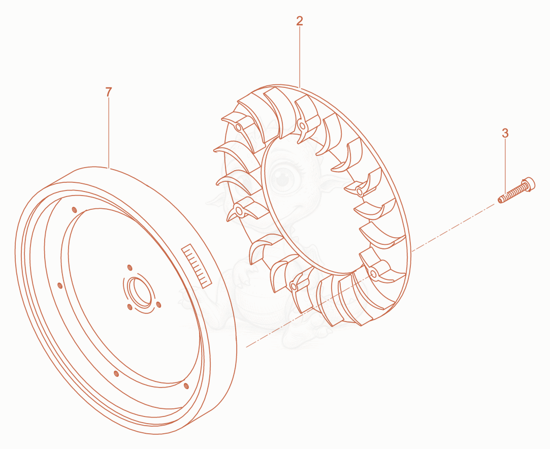 Despiece del Blower, Fly wheel de una máquina Wacker Neuson DPU3060HTS, con globos numerados