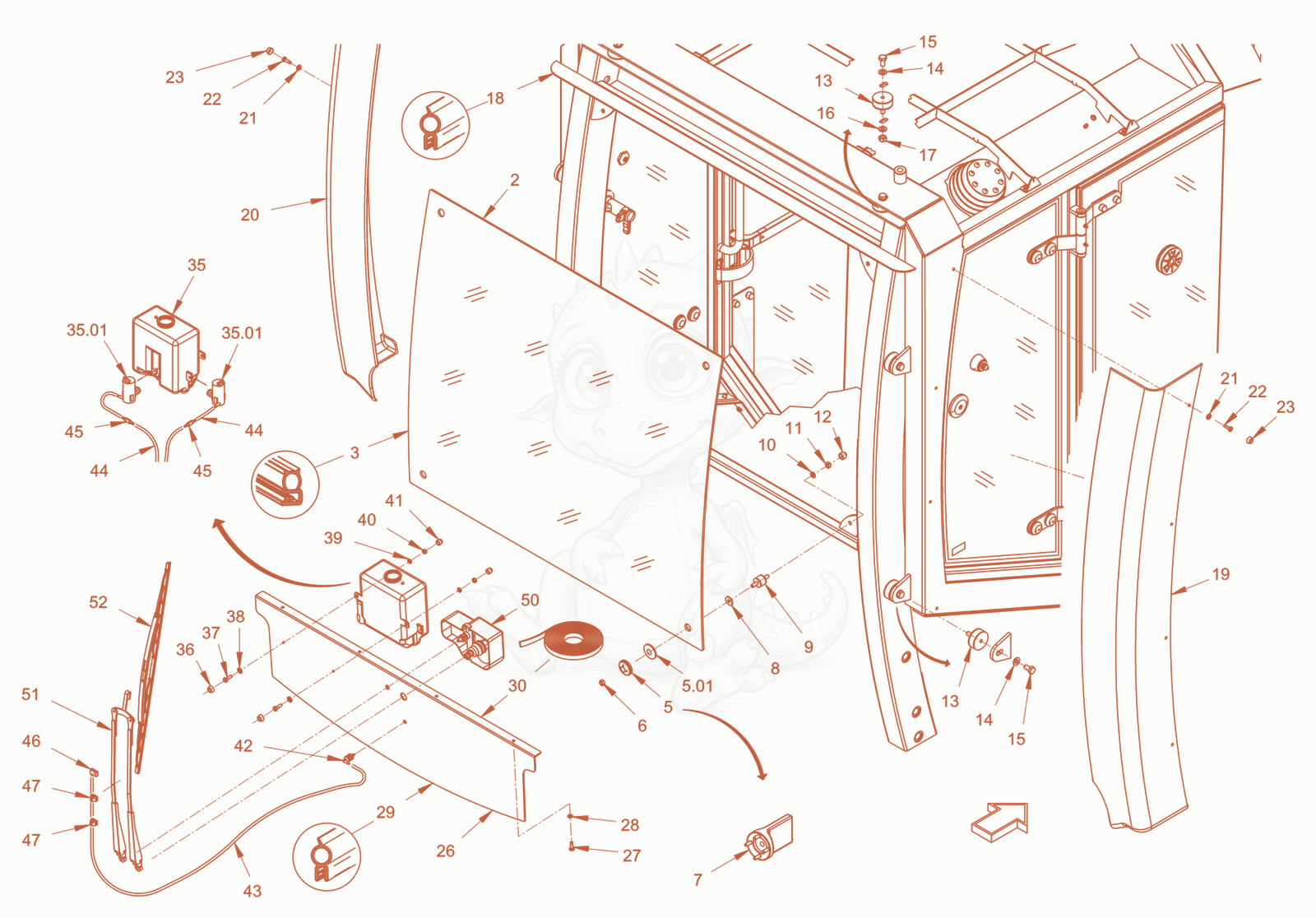 Exploded parts diagram of the driver's cabin of a Wacker Neuson RD45-140OUS, with numbered balloons