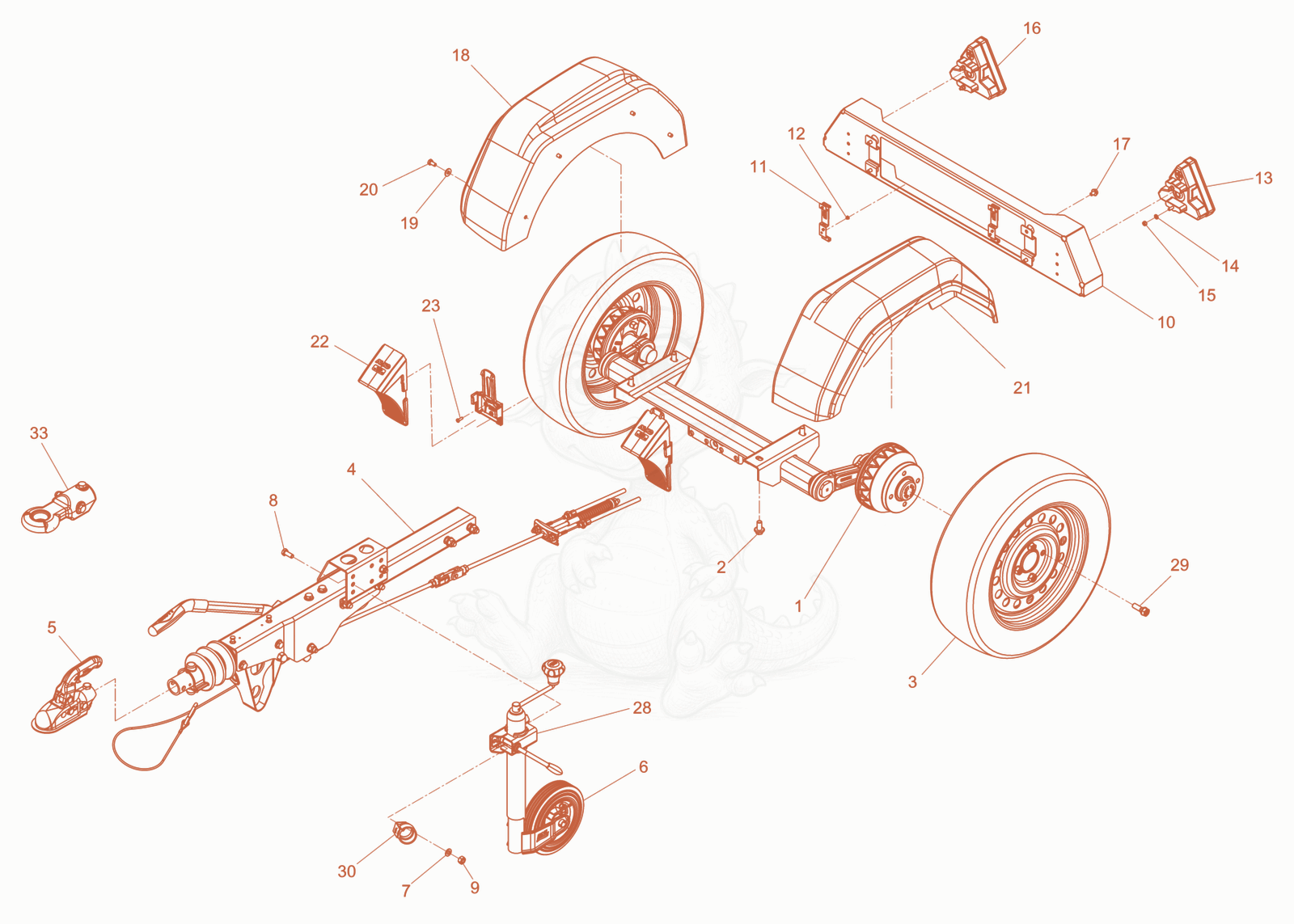 Exploded parts diagram of the Trailer with brake of a Wacker Neuson LTN5YPHD, with numbered balloons