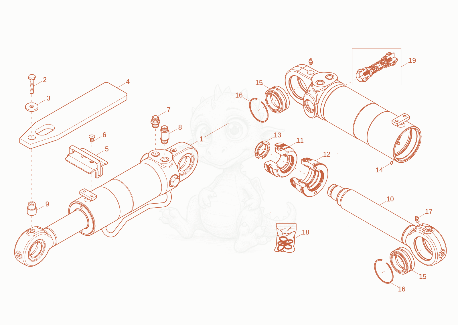 Exploded parts diagram of the CYLINDER FOR DOOZER BLADE OR STABILIZERS of a Wacker Neuson EW100-2, with numbered balloons