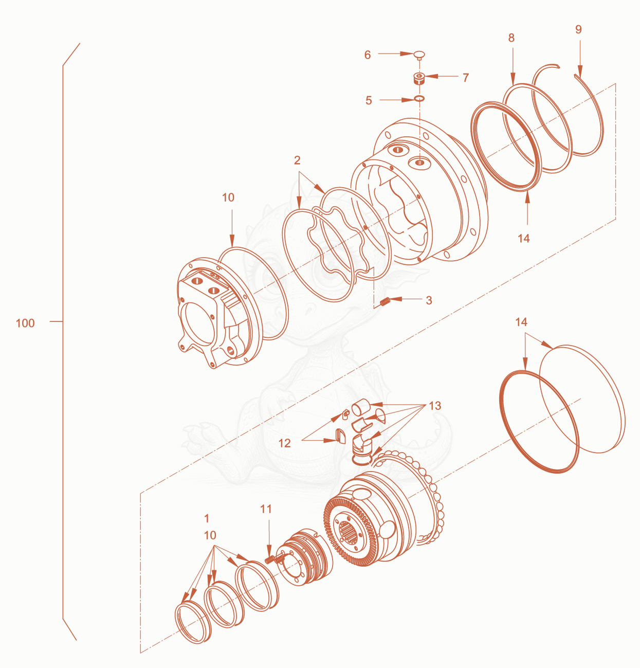 Exploded parts diagram of the gear hub motor of a Wacker Neuson RD28-120, with numbered balloons