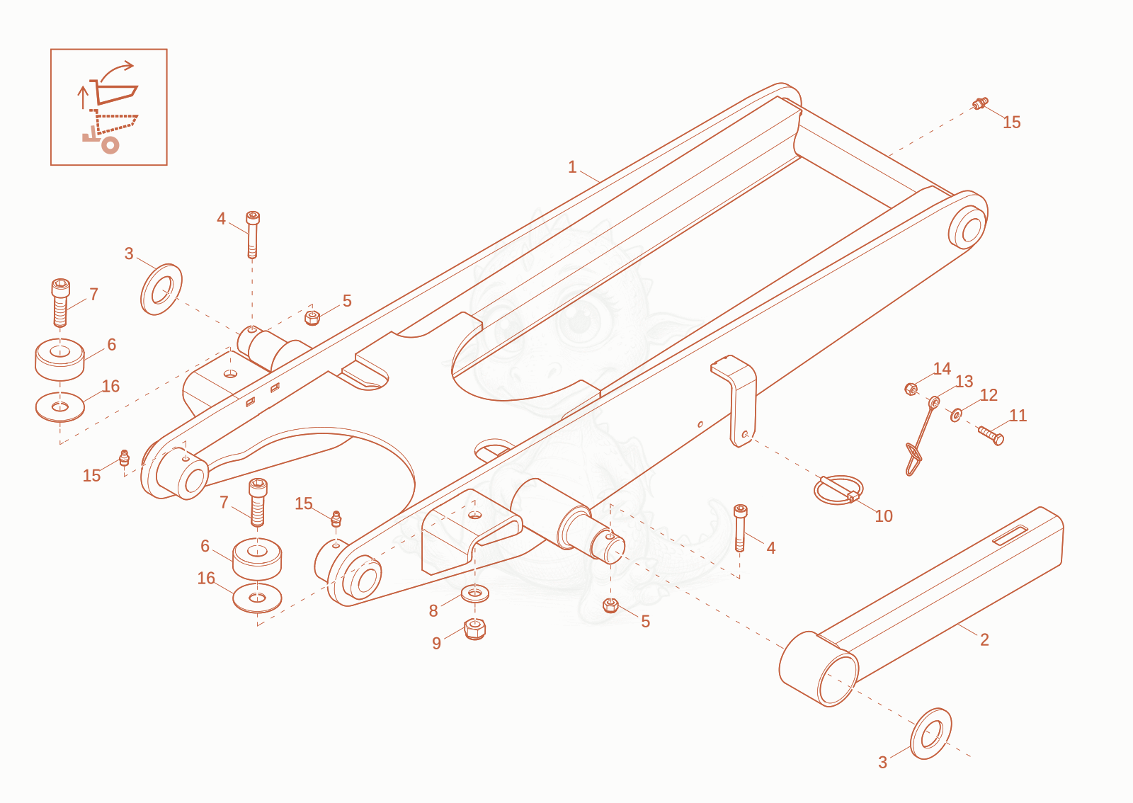 Exploded parts diagram of the lift arm of a Wacker Neuson DW15, with numbered balloons