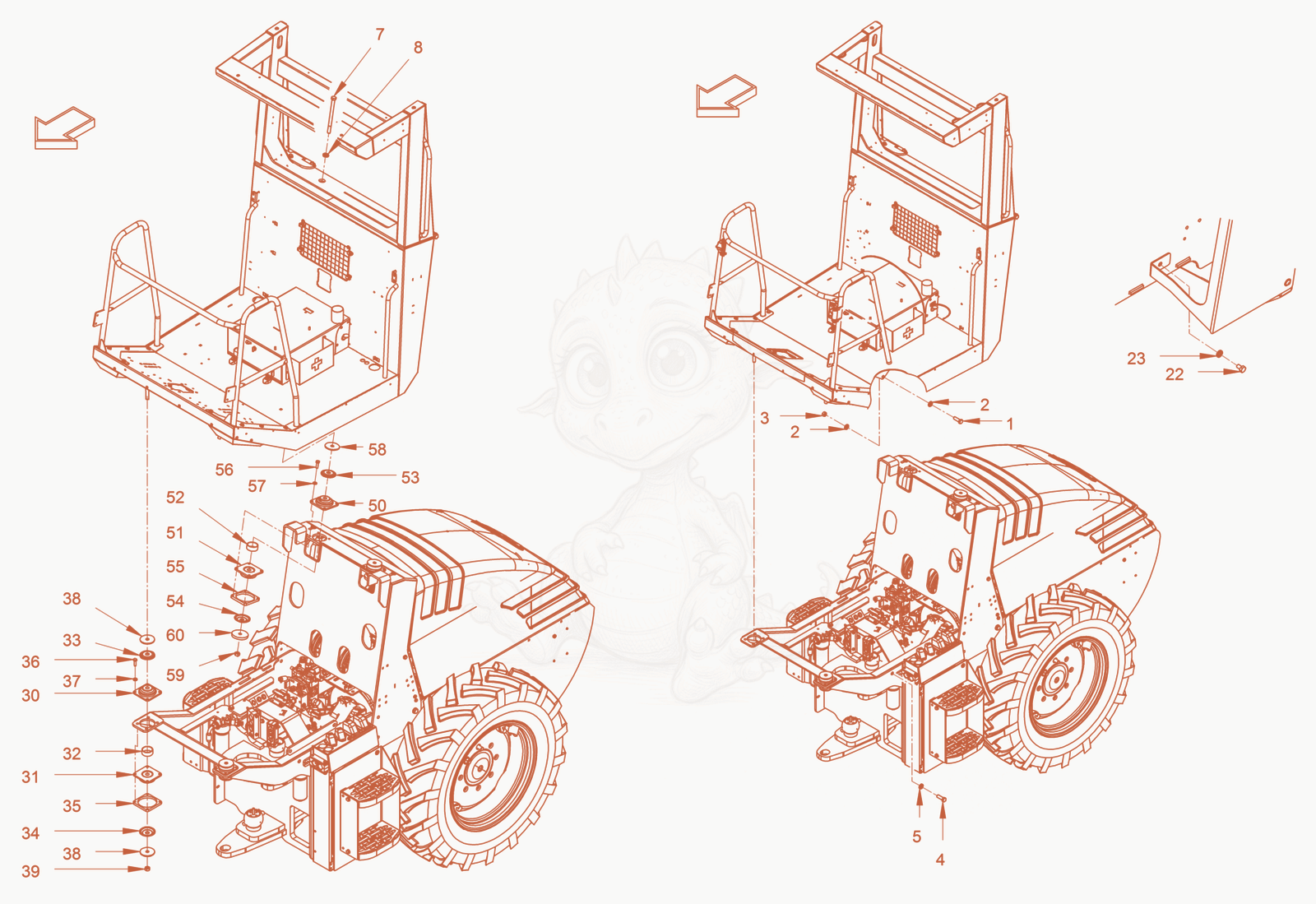 Exploded parts diagram of the operator's platform of a Wacker Neuson RC70VOUS, with numbered balloons