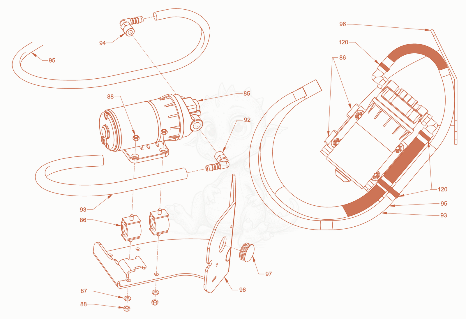Exploded parts diagram of the sprinkling of a Wacker Neuson RD28-120CCN, with numbered balloons