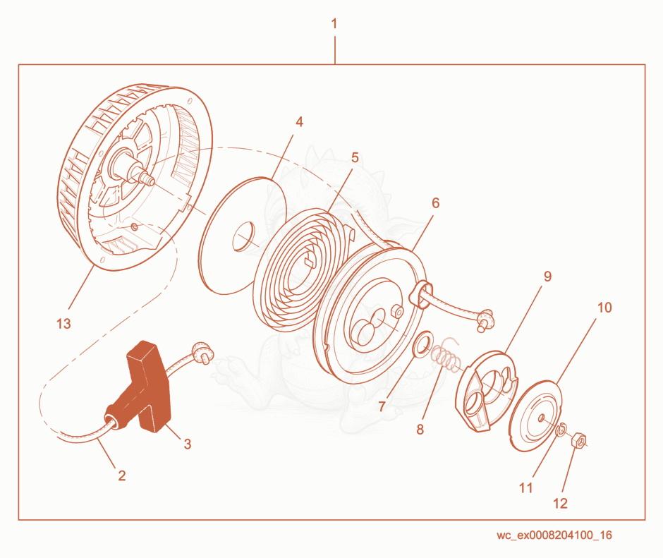 Exploded parts diagram of the Starter cpl. of a Wacker Neuson BS700, with numbered balloons