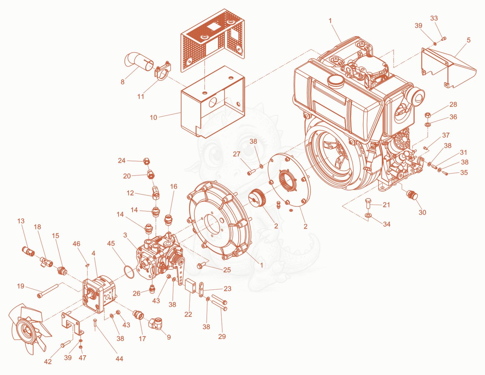 Exploded parts diagram of the Engine cpl. of a Wacker Neuson RD7HEH, with numbered balloons