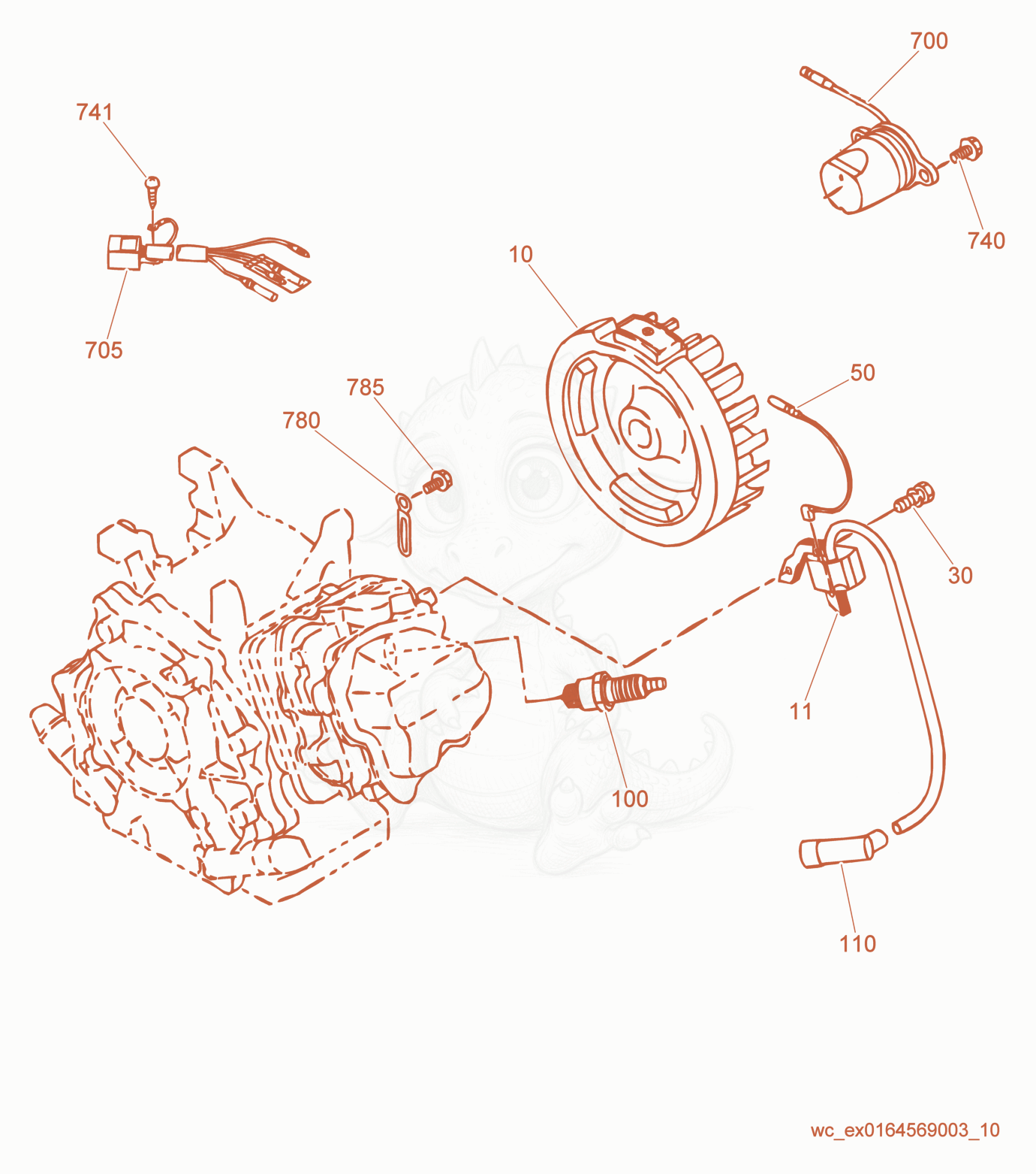 Despiece del Flywheel/Ignition Coil de una máquina Wacker Neuson GP4000, con globos numerados