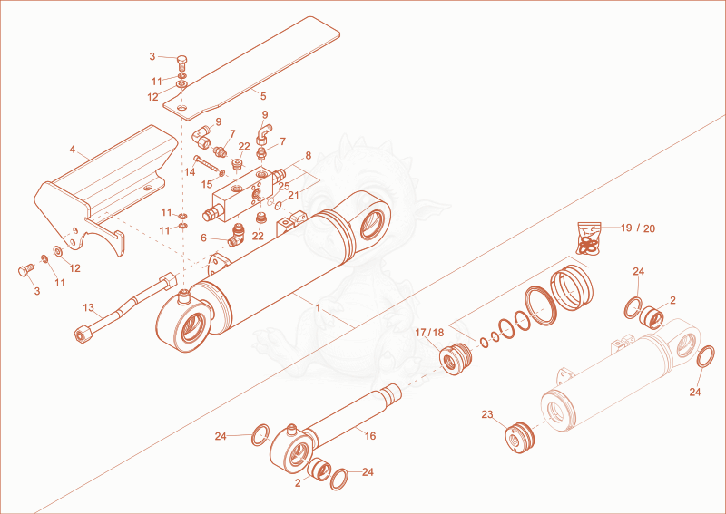 Exploded parts diagram of the blade cylinder of a Wacker Neuson EW65, with numbered balloons