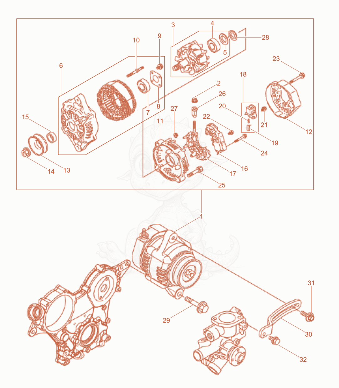 Exploded parts diagram of the Generator of a Wacker Neuson LTN5YUK, with numbered balloons