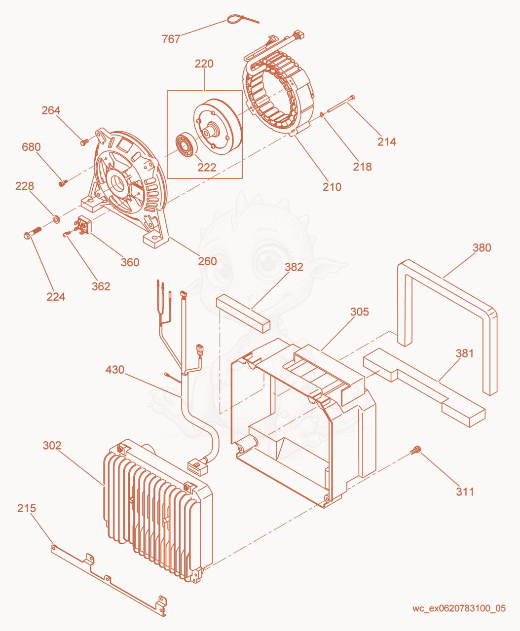 Exploded parts diagram of the Generator cpl. of a Wacker Neuson GPSI4300, with numbered balloons