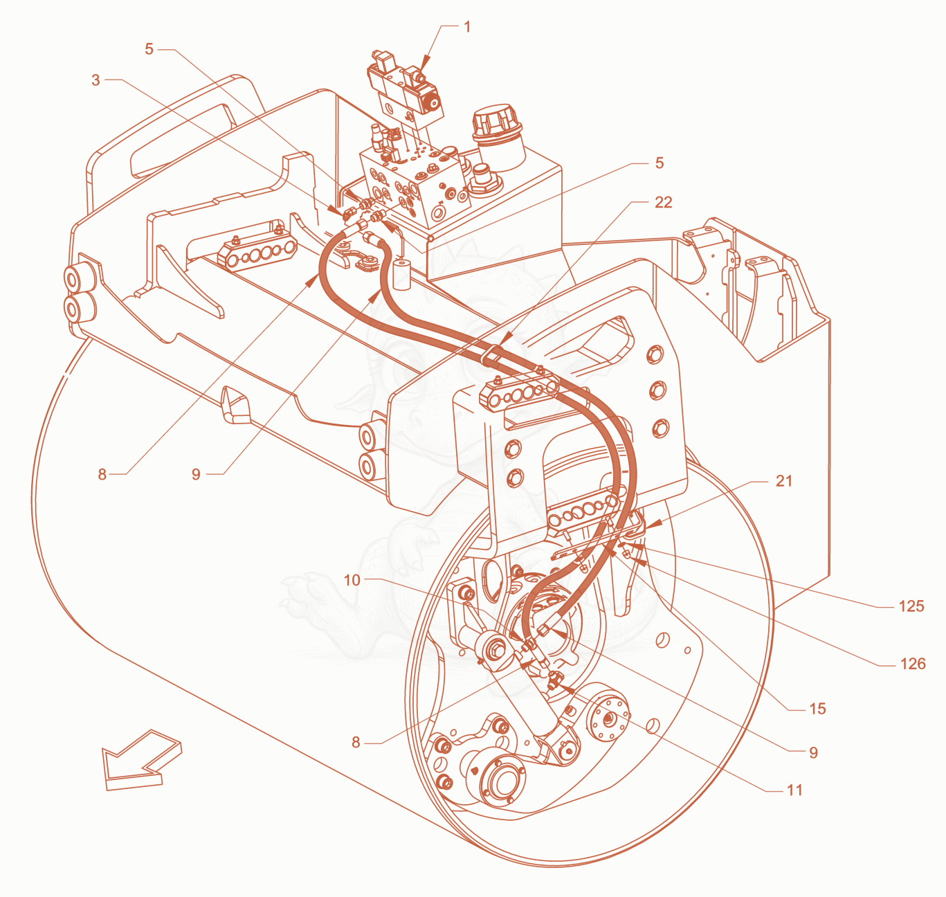 Exploded parts diagram of the hydraulic system (edge pressing and cutting device) of a Wacker Neuson RD45-140C.3, with numbered balloons