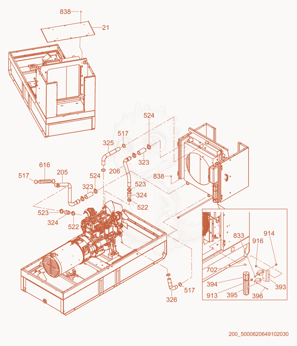 Exploded parts diagram of the Radiator Hoses of a Wacker Neuson G100, with numbered balloons