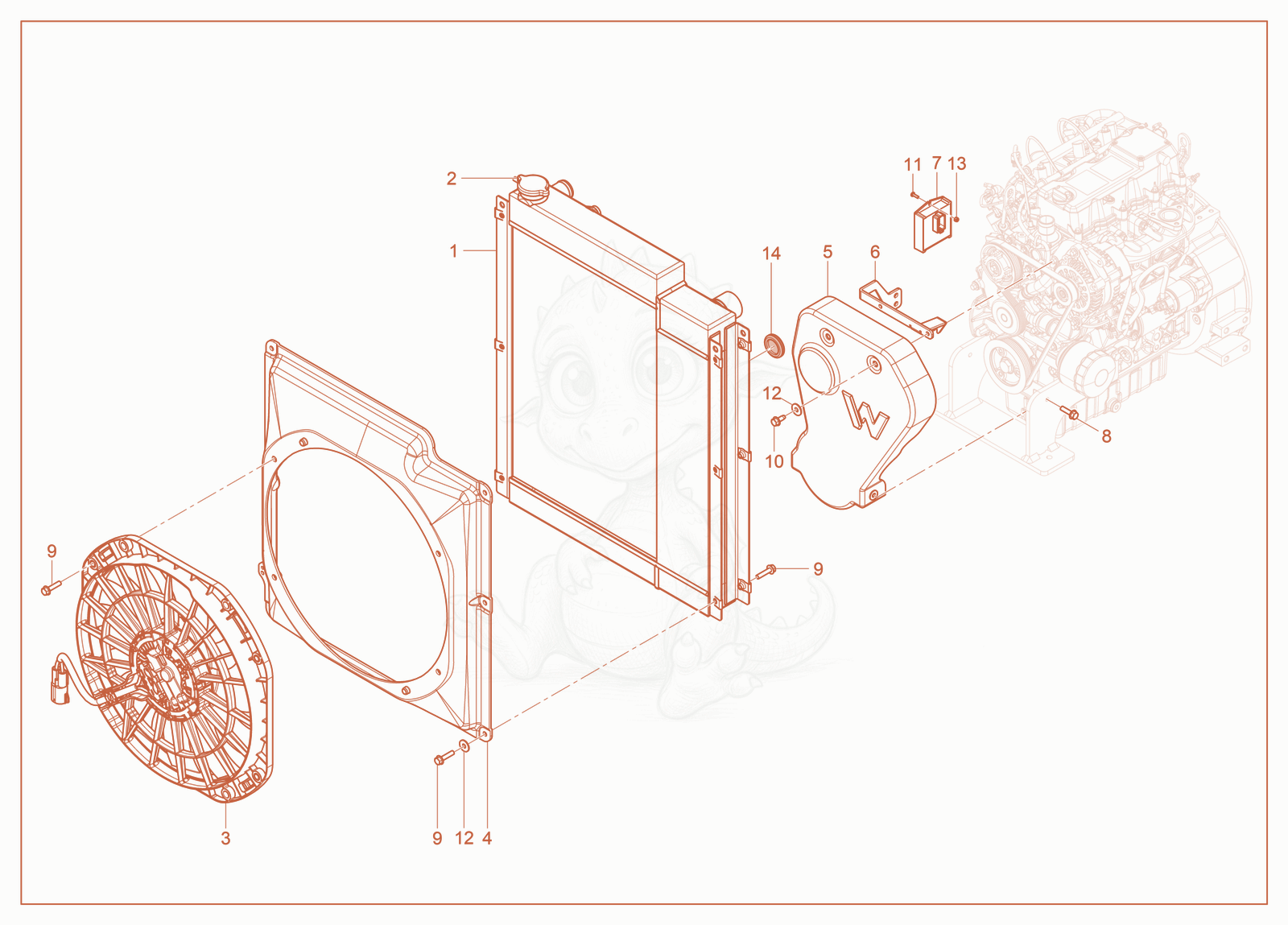 Despiece del Variable Fan de una máquina Wacker Neuson LTG14, con globos numerados