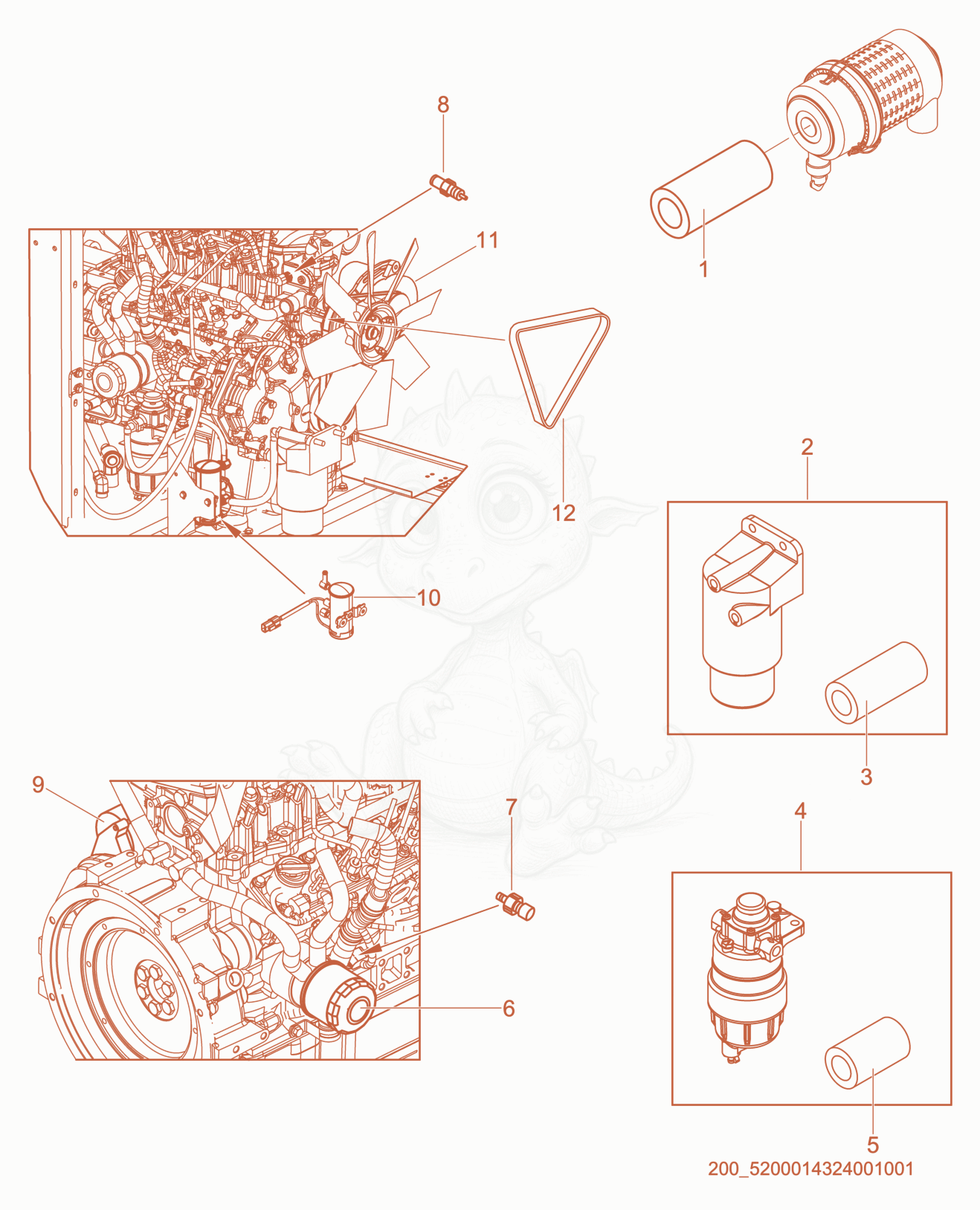 Exploded parts diagram of the Engine Service Parts of a Wacker Neuson LTW20Z1, with numbered balloons