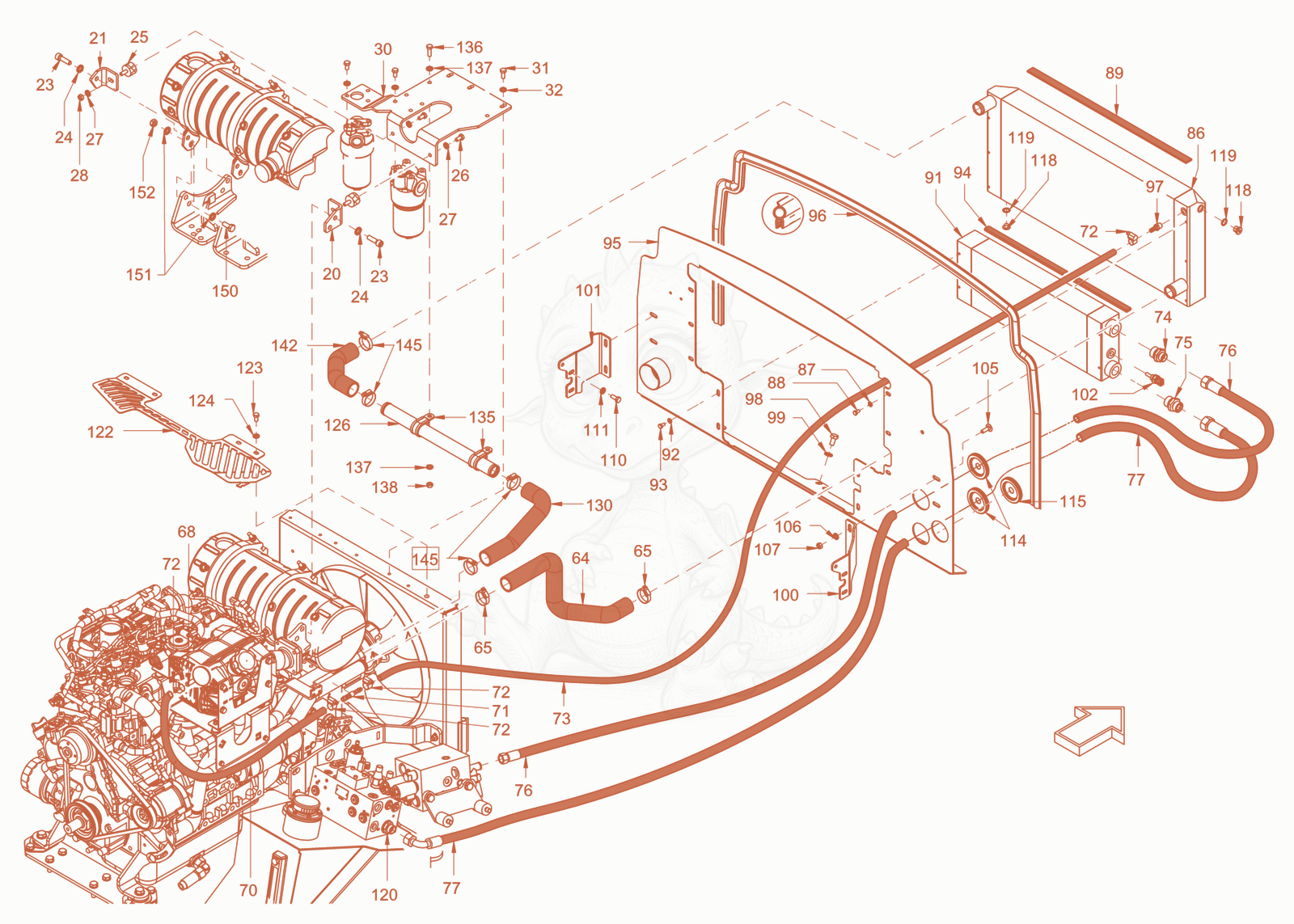 Exploded parts diagram of the cooling (engine/hydraulic oil) of a Wacker Neuson RD40-130OUS, with numbered balloons