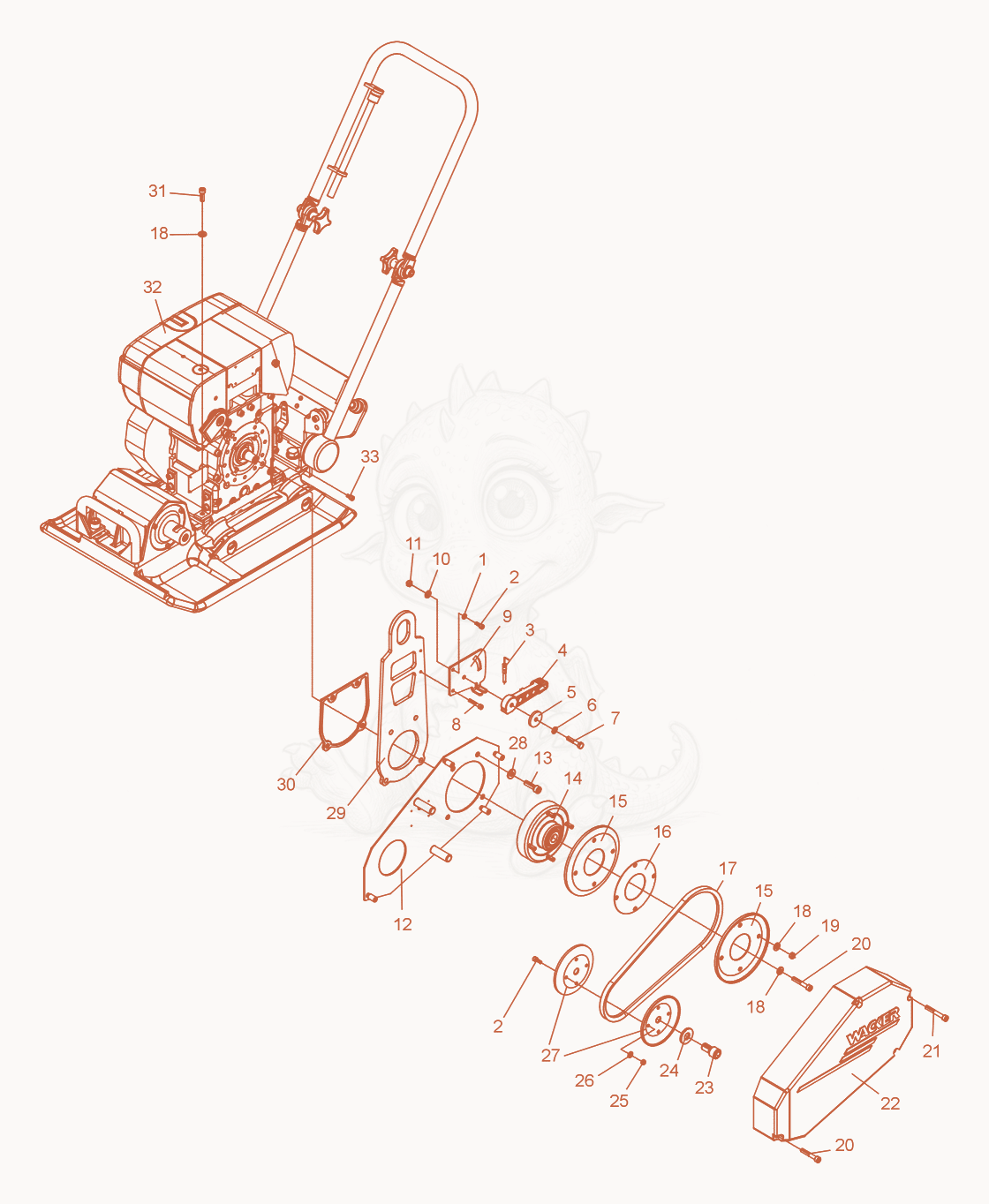 Exploded parts diagram of the Vibratory Plate cpl. of a Wacker Neuson DPS1850HBASIC, with numbered balloons