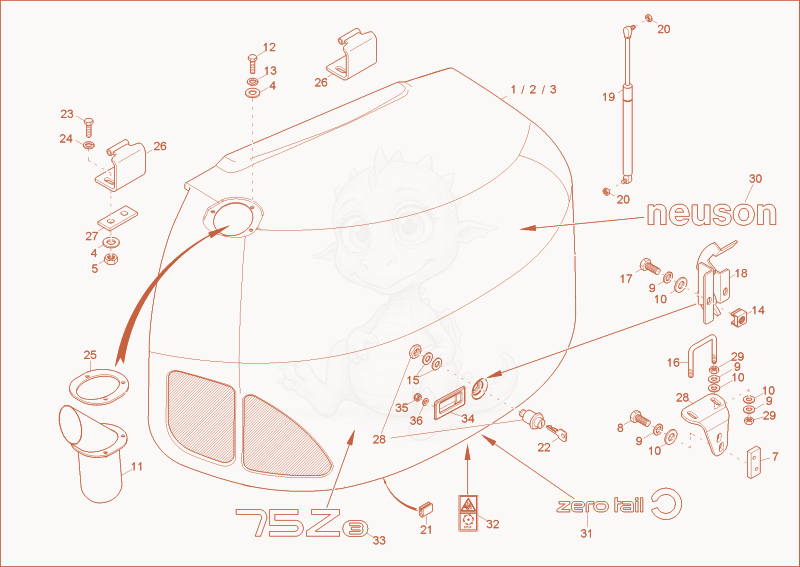 Exploded parts diagram of the engine hood of a Wacker Neuson 75Z3, with numbered balloons
